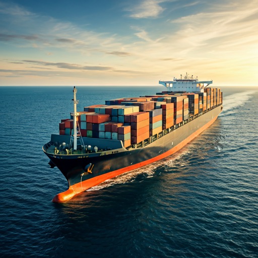 Container ship loaded with cargo at sea