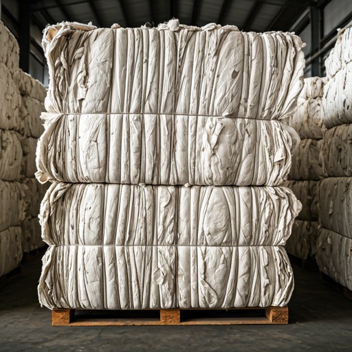 Compressed bales of recovered cotton in a warehouse