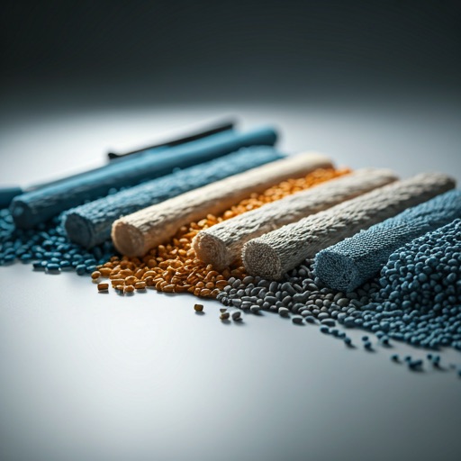 Recycled polymer pellets and textile fibres arranged side by side