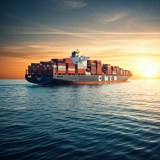 Container ship at sea at sunset